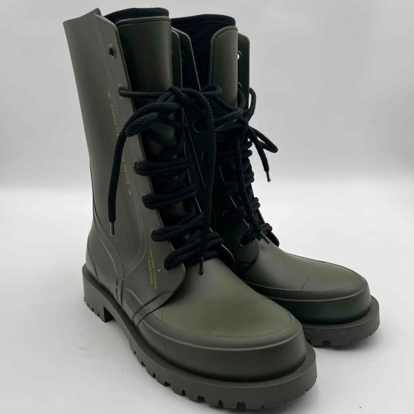 Christian Dior DiorCamp Army Green Bee Accent Rain Boots Size 38 - Picture 1 of 11